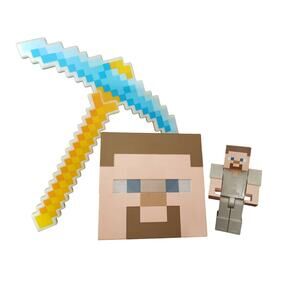 Minecraft Steve Mob Head Mask | Mini Figure | Light Up Pix Axe Costume Halloween